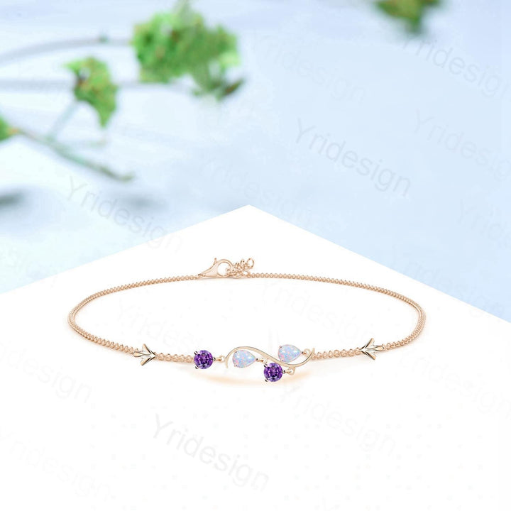 Minimalist Pear Shaped White Opal Bracelet Elegant Fire Opal Amethyst Lobster Claw Bracelet Silver Rose Gold Art Deco Anniversary Gift - PENFINE