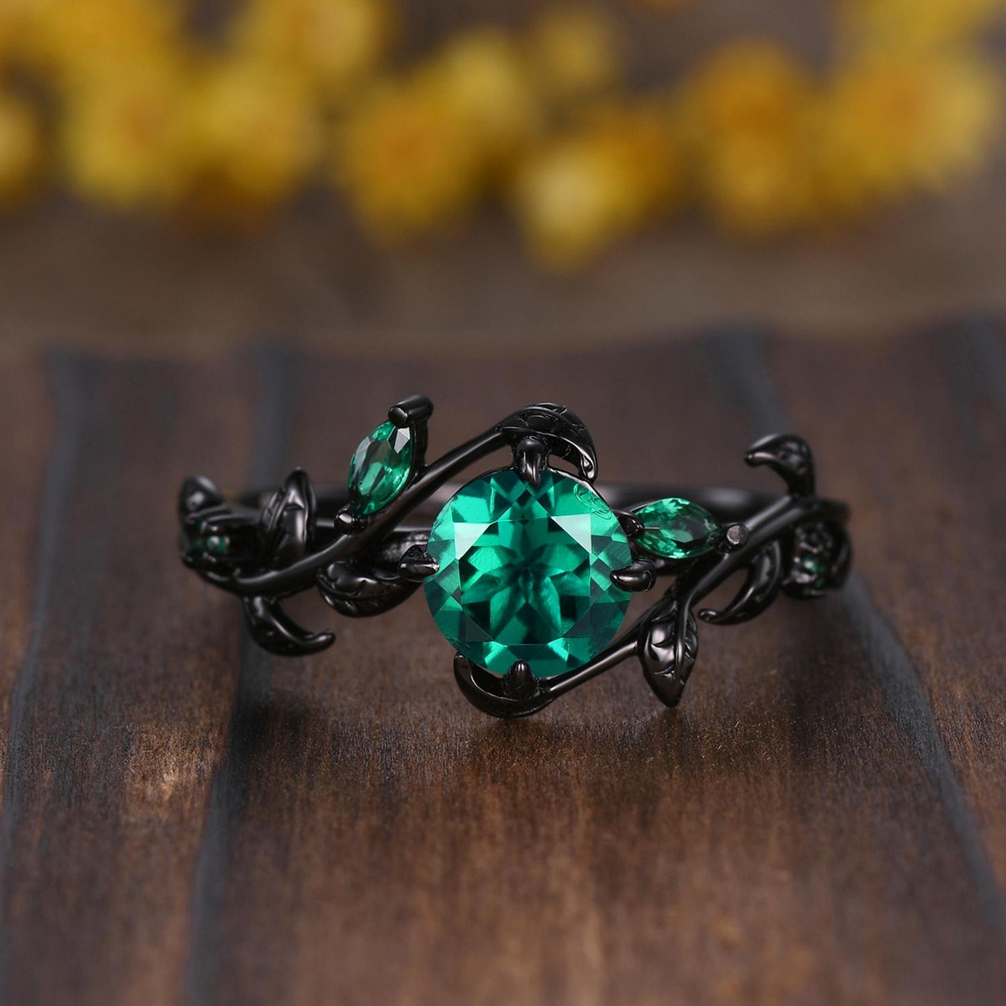 Gothic Emerald Wedding Ring Set: Black Gold Promise Rings