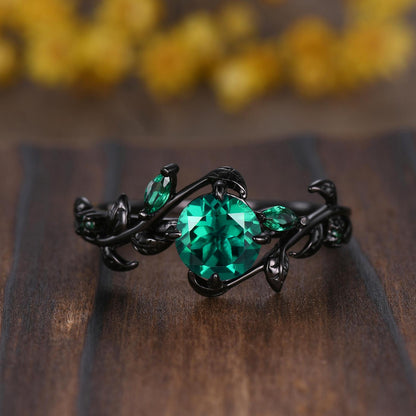 Gothic Emerald Wedding Ring Set: Black Gold Promise Rings