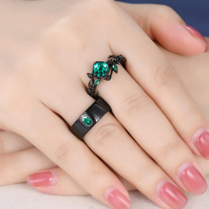 Gothic Emerald Wedding Ring Set: Black Gold Promise Rings