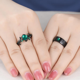 Gothic Emerald Wedding Ring Set: Black Gold Promise Rings