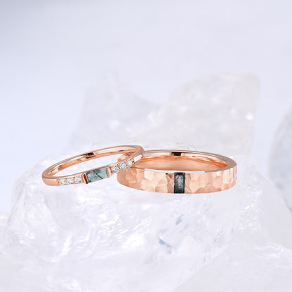 Couples moss agate ring set rose gold, baguette green agate engagement ring set men and women, His Hers wedding band Hammered wedding ring - PENFINE