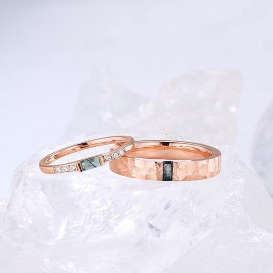 Couples moss agate ring set rose gold, baguette green agate engagement ring set men and women, His Hers wedding band Hammered wedding ring - PENFINE