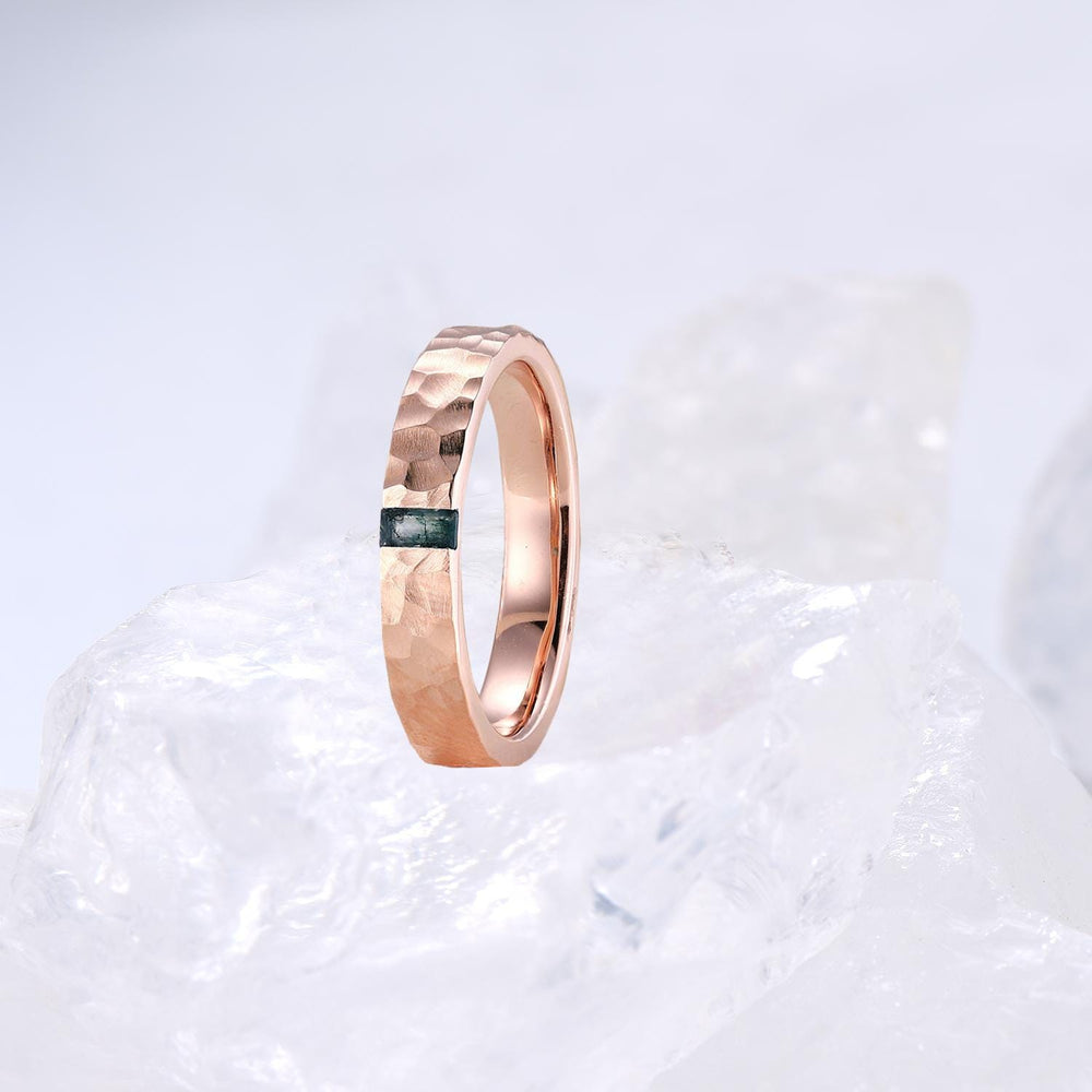 Couples moss agate ring set rose gold, baguette green agate engagement ring set men and women, His Hers wedding band Hammered wedding ring - PENFINE