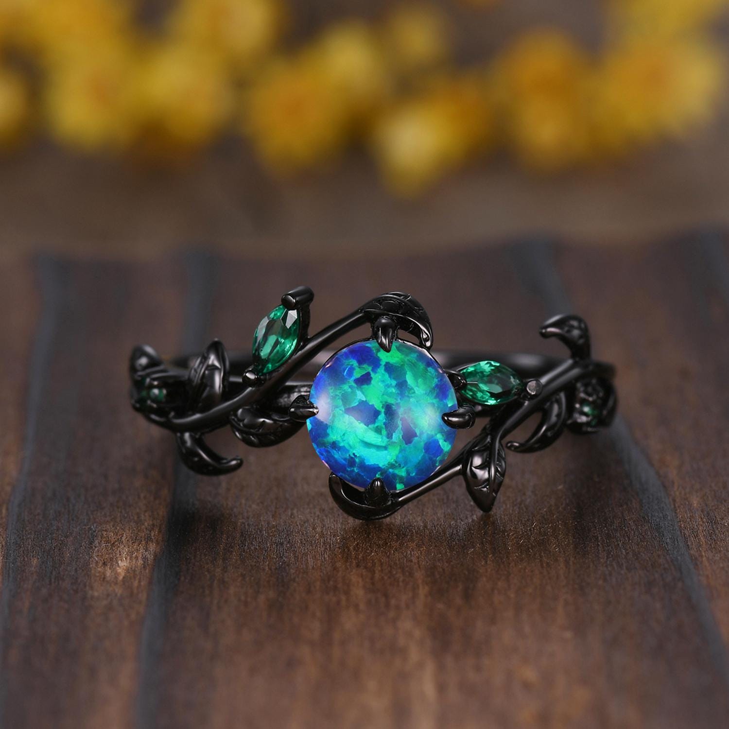 Gothic Black Opal Wedding Ring Set: Black Gold Couple Rings
