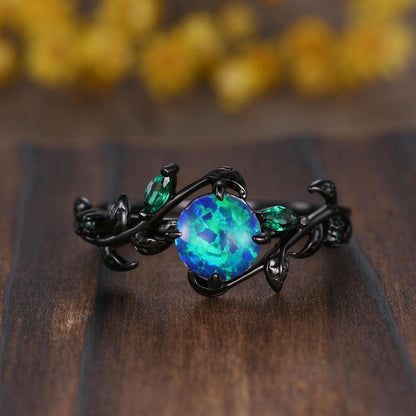 Gothic Black Opal Wedding Ring Set: Black Gold Couple Rings