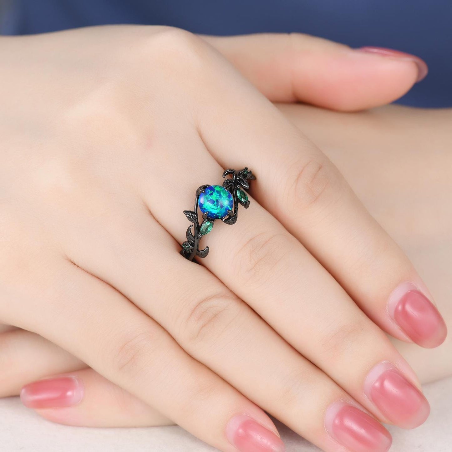 Gothic Black Opal Wedding Ring Set: Black Gold Couple Rings