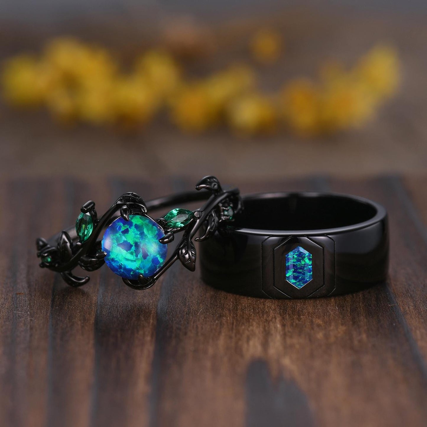 Gothic Black Opal Wedding Ring Set: Black Gold Couple Rings