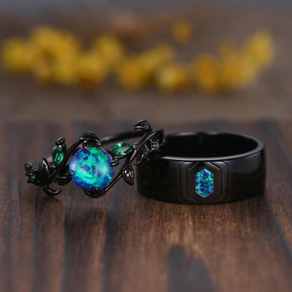 Gothic Black Opal Wedding Ring Set: Black Gold Couple Rings
