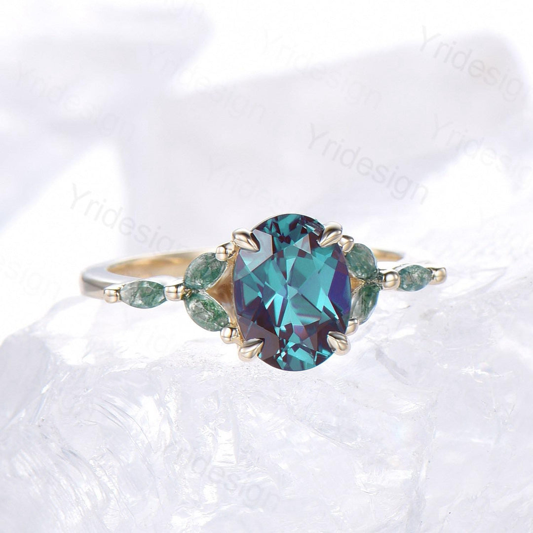 1.5CT Oval Cut Alexandrite Engagement Ring Art Deco Marquise Green Moss Agate Ring Yellow Gold Women Promise Anniversary Gift Bridal Ring - PENFINE