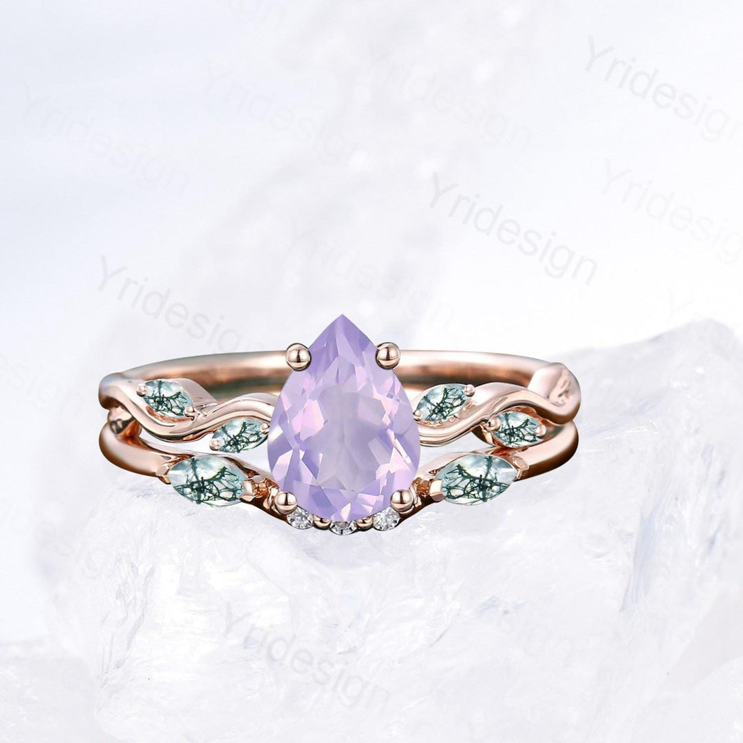 Natural Pear Shaped Lavender Amethyst Engagement Ring Set Unique Marquise Green Moss Agate Wedding Ring Set Rose Gold Stacking Band Women - PENFINE