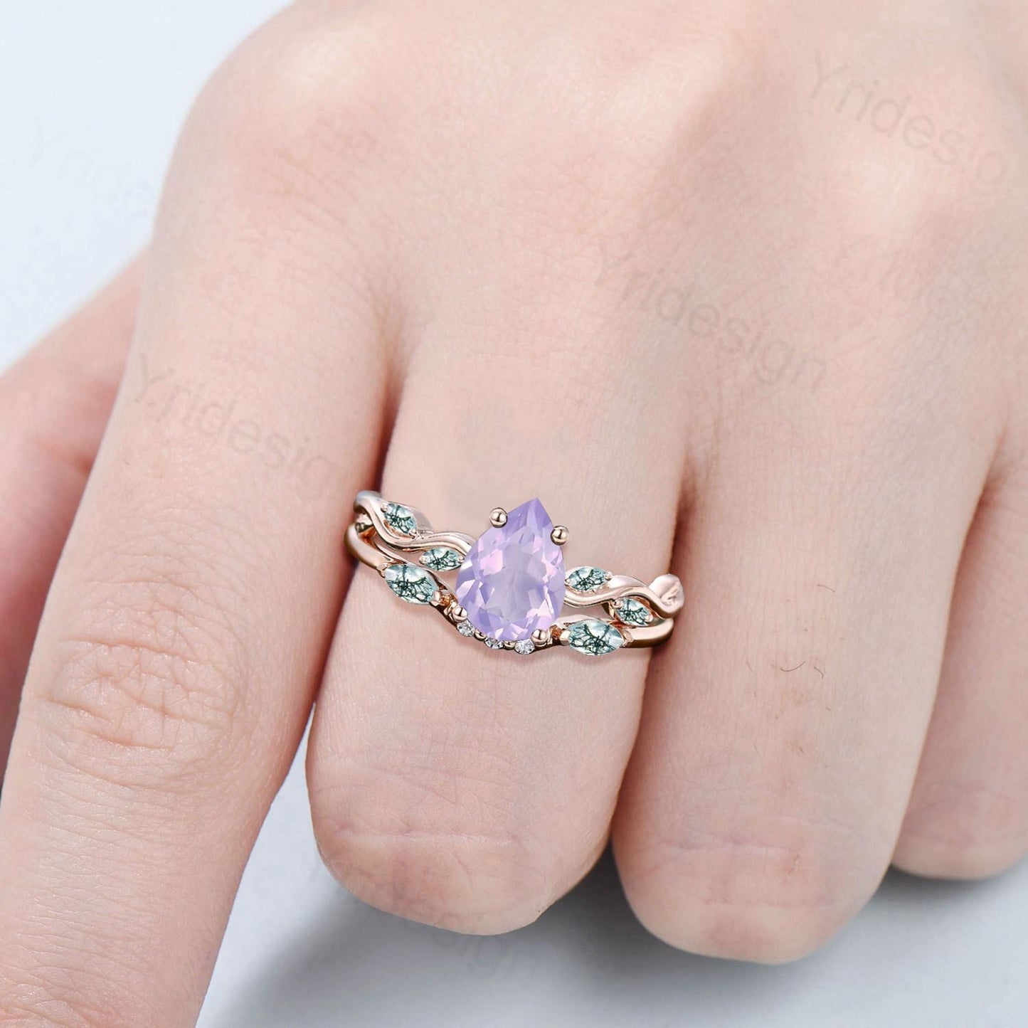 Natural Pear Shaped Lavender Amethyst Engagement Ring Set Unique Marquise Green Moss Agate Wedding Ring Set Rose Gold Stacking Band Women - PENFINE