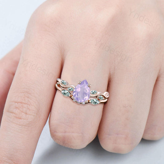 Natural Pear Shaped Lavender Amethyst Engagement Ring Set Unique Marquise Green Moss Agate Wedding Ring Set Rose Gold Stacking Band Women - PENFINE