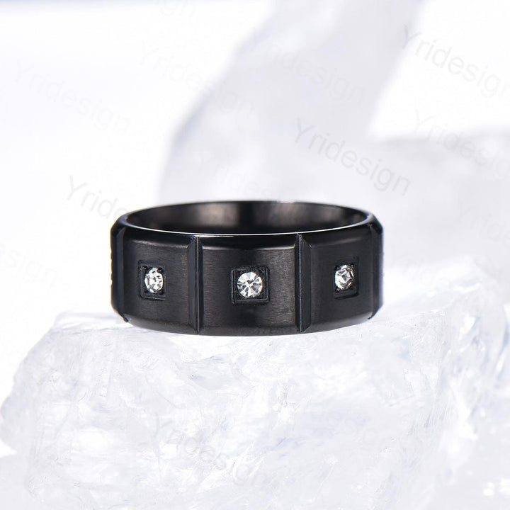 Black Gold Brushed Finish Mens Wedding Band Unisex Frame Moissanite Men's Wedding Ring Anniversary Stacking Matching Band Promise Gift - PENFINE