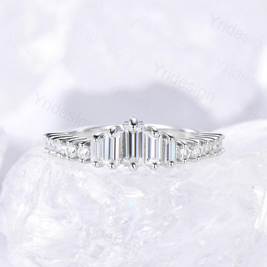 Baguette cut moissanite wedding band white gold platinum Diamond Anniversary Gift For Women, Matching Stacking Ring,Art Deco Promise Band - PENFINE