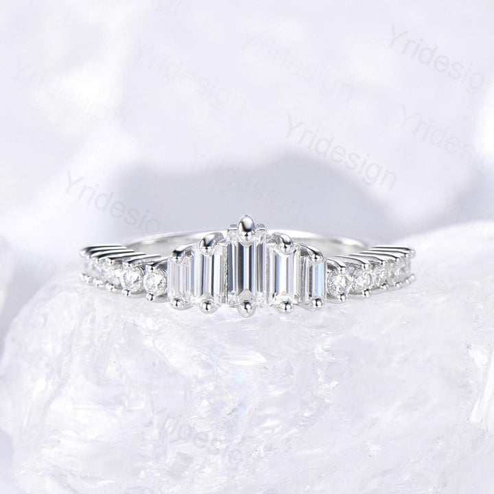 Baguette cut moissanite wedding band white gold platinum Diamond Anniversary Gift For Women, Matching Stacking Ring,Art Deco Promise Band - PENFINE