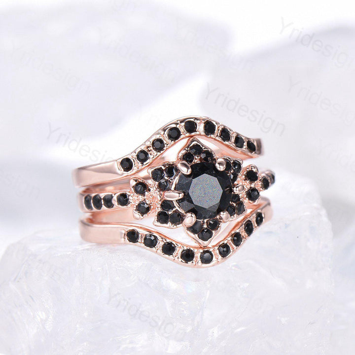 Floral Lotus Black Onyx Engagement Ring Set 3pcs Cluster Black Spinel Wedding Ring Set Unique Black Stone Anniversary Gift Women Bridal Set - PENFINE