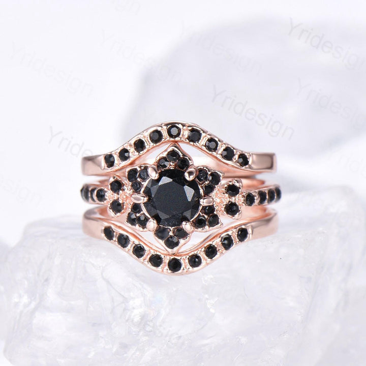 Floral Lotus Black Onyx Engagement Ring Set 3pcs Cluster Black Spinel Wedding Ring Set Unique Black Stone Anniversary Gift Women Bridal Set - PENFINE