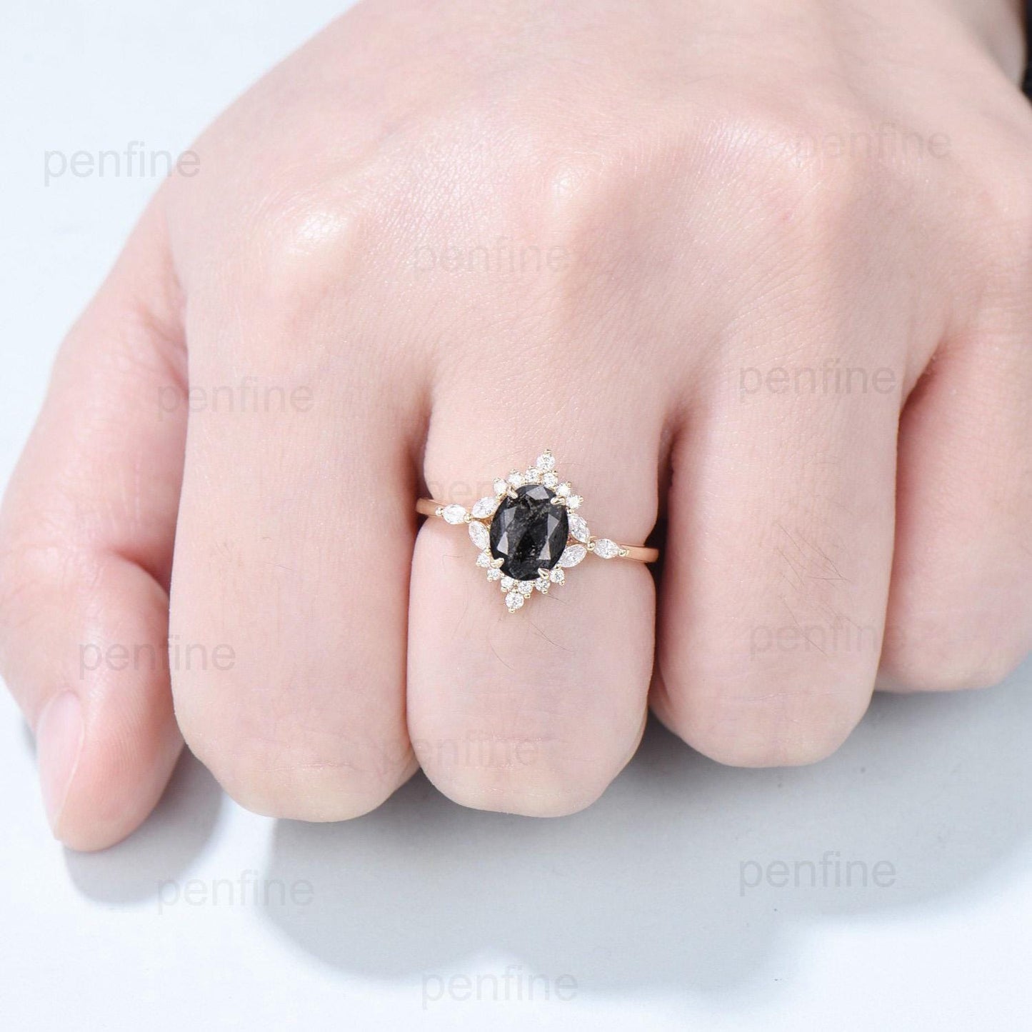 Vintage salt and pepper diamond engagement ring 14k rose gold marquise cut diamond cluster ring unique promise ring anniversary gift for Her - PENFINE