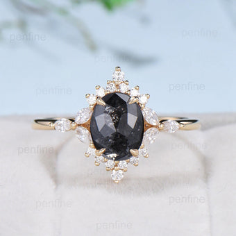 Vintage salt and pepper diamond engagement ring 14k rose gold marquise cut diamond cluster ring unique promise ring anniversary gift for Her - PENFINE