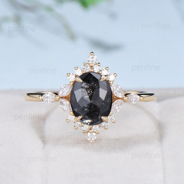 Vintage salt and pepper diamond engagement ring 14k rose gold marquise cut diamond cluster ring unique promise ring anniversary gift for Her - PENFINE