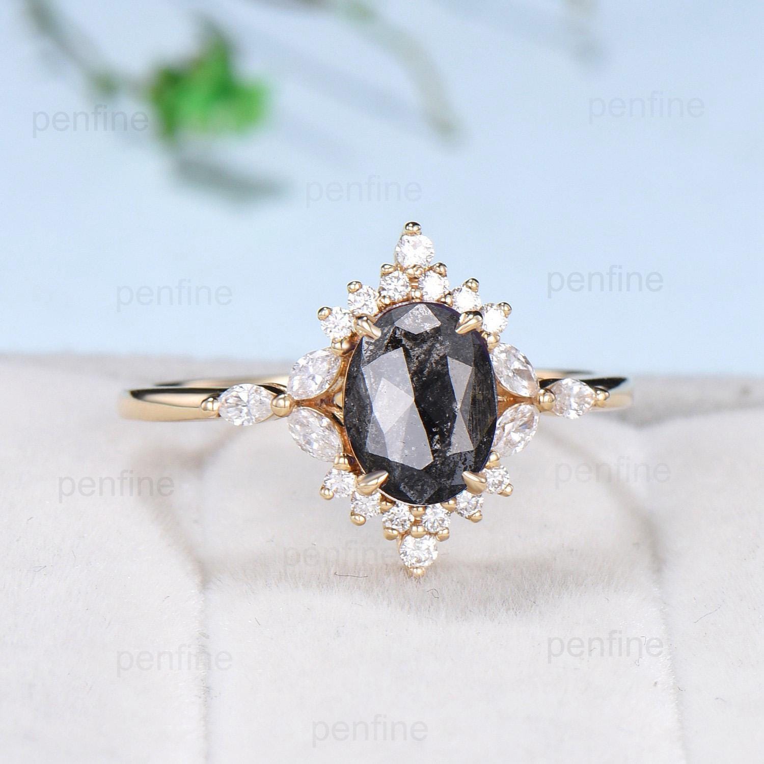 Vintage salt and pepper diamond engagement ring 14k rose gold marquise cut diamond cluster ring unique promise ring anniversary gift for Her - PENFINE