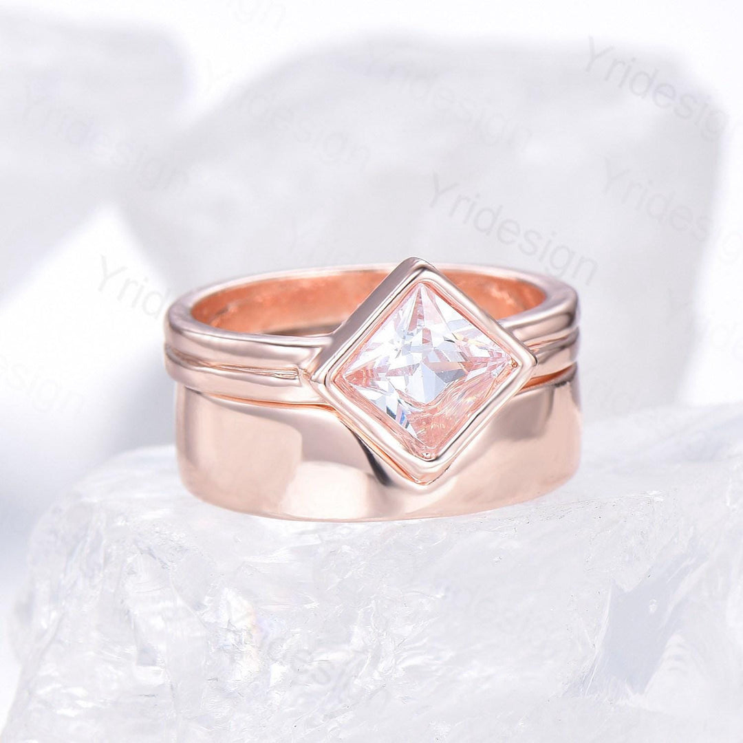 Couples ring set rose gold princess cut moissanite wedding ring set men and women His Hers engagement ring vintage style Promise gift - PENFINE