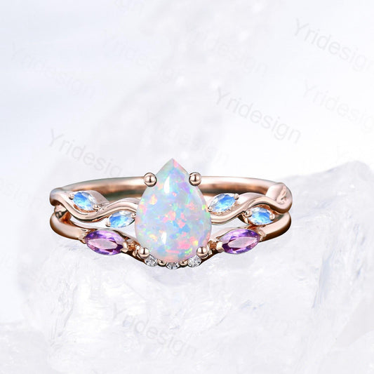 Vintage Pear Shaped White Opal Engagement Ring Set Unique Marquise Moonstone Opal Wedding Ring Set Rose Gold Amethyst Stacking Band Women - PENFINE