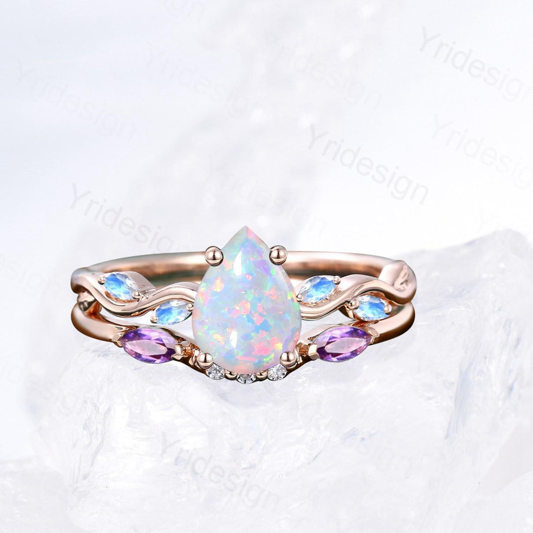 Vintage Pear Shaped White Opal Engagement Ring Set Unique Marquise Moonstone Opal Wedding Ring Set Rose Gold  Amethyst Stacking Band Women - PENFINE