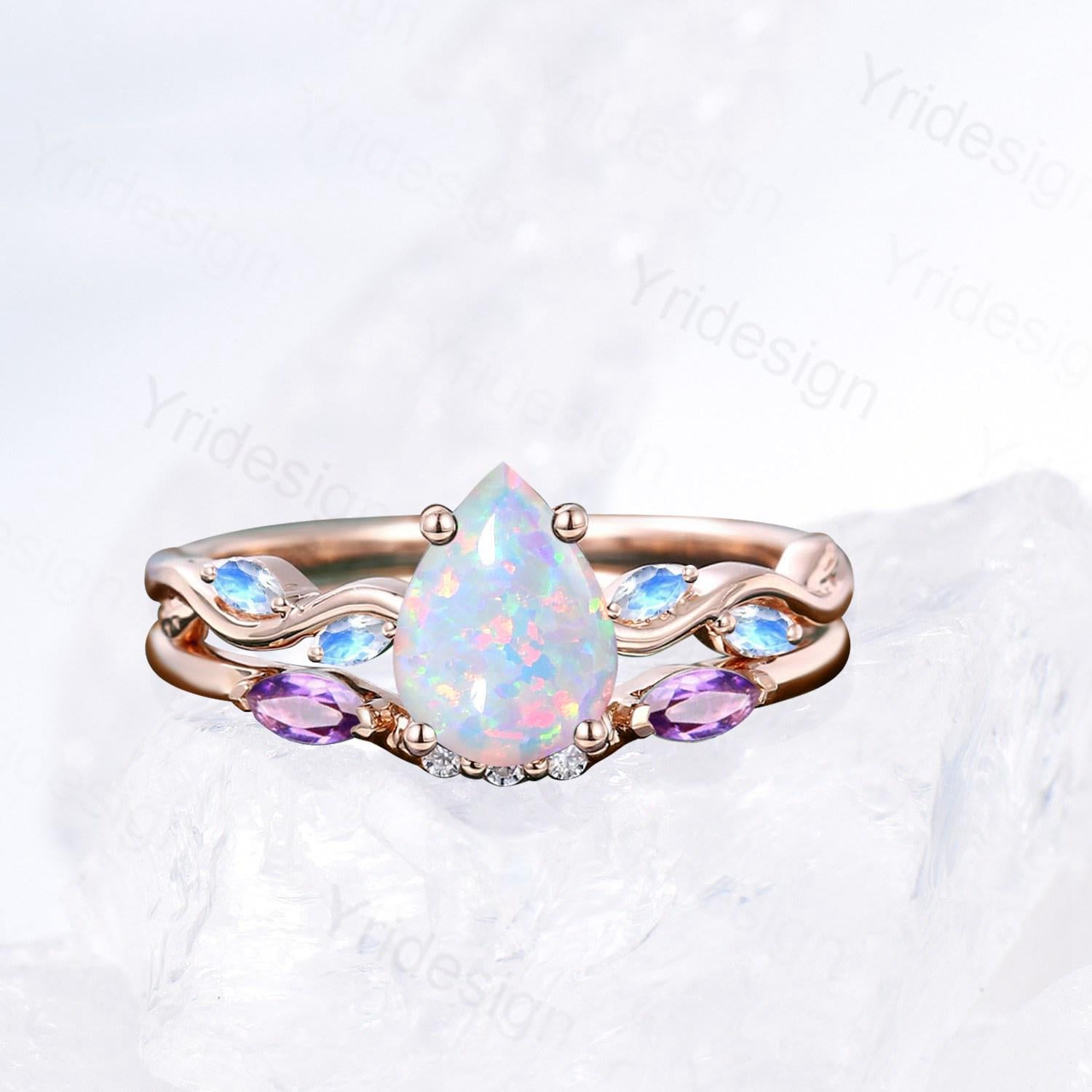 Vintage Pear Shaped White Opal Engagement Ring Set Unique Marquise Moonstone Opal Wedding Ring Set Rose Gold  Amethyst Stacking Band Women - PENFINE