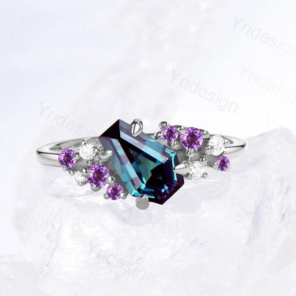 Unique Coffin Alexandrite engagement ring color-change cluster amethyst moissanite anniversary ring for women June birthstone wedding gifts - PENFINE