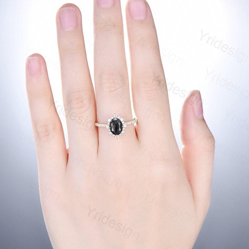 Vintage salt and pepper diamond engagement ring 14k rose gold Retro halo diamond pave set band antique promise ring anniversary gift for Her - PENFINE