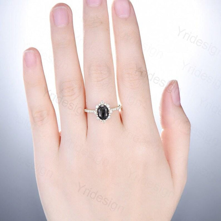 Vintage salt and pepper diamond engagement ring 14k rose gold Retro halo diamond pave set band antique promise ring anniversary gift for Her - PENFINE