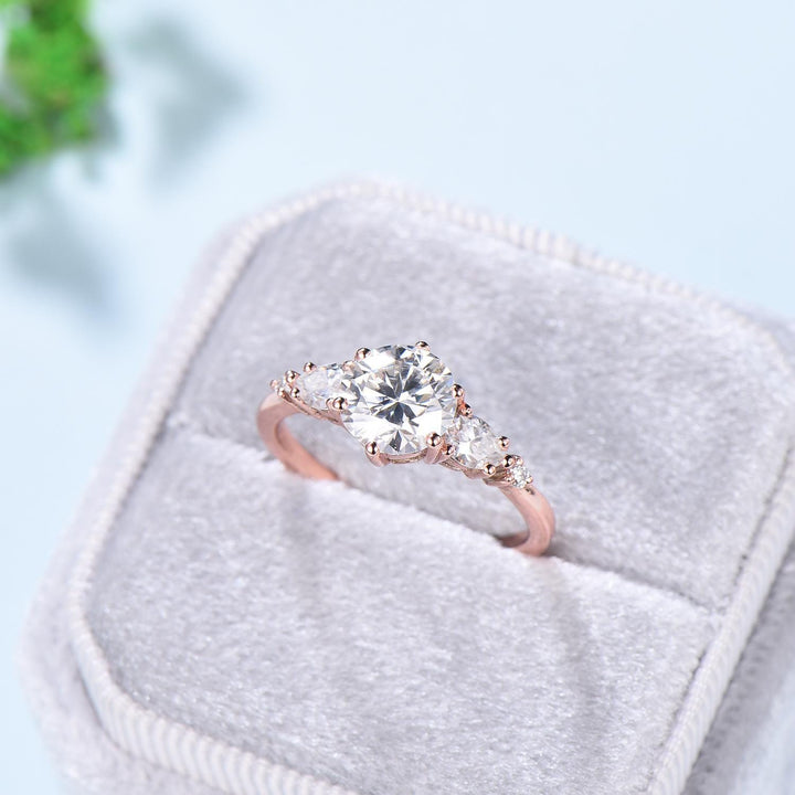 1 Carat D Color VVS2 Clarity IGI Certified Lab Grown Round Cut Diamond Five Stone Engagement Ring, Side Pear & Marquise Diamonds Rose Gold - PENFINE