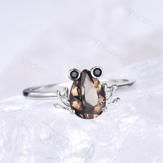 Vintage Frog smoky quartz engagement ring Animal inspired pear shaped brown quartz wedding ring for women dainty anniversary ring for girl - PENFINE