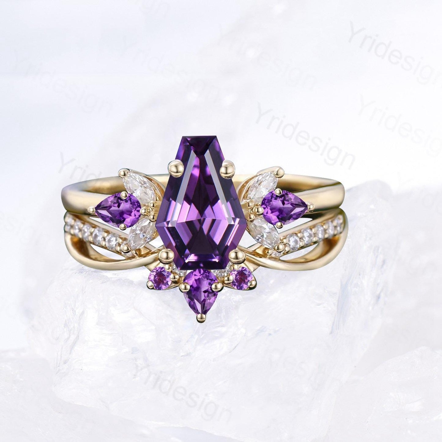 Vintage Coffin Cut Amethyst Ring Set, 2pcs February Birthstone Bridal Ring Set, Infinity Amethyst Stacking Band Handmade Proposal Gifts Her - PENFINE