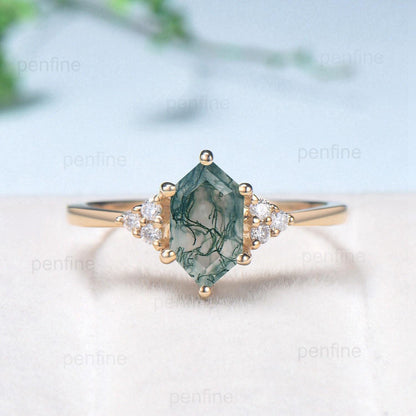 Vintage Long Hexagon Natural Green Moss Agate Engagement Ring Set Unique 14k Rose Gold Cluster Moissanite Wedding Ring Set Ring for Women - PENFINE