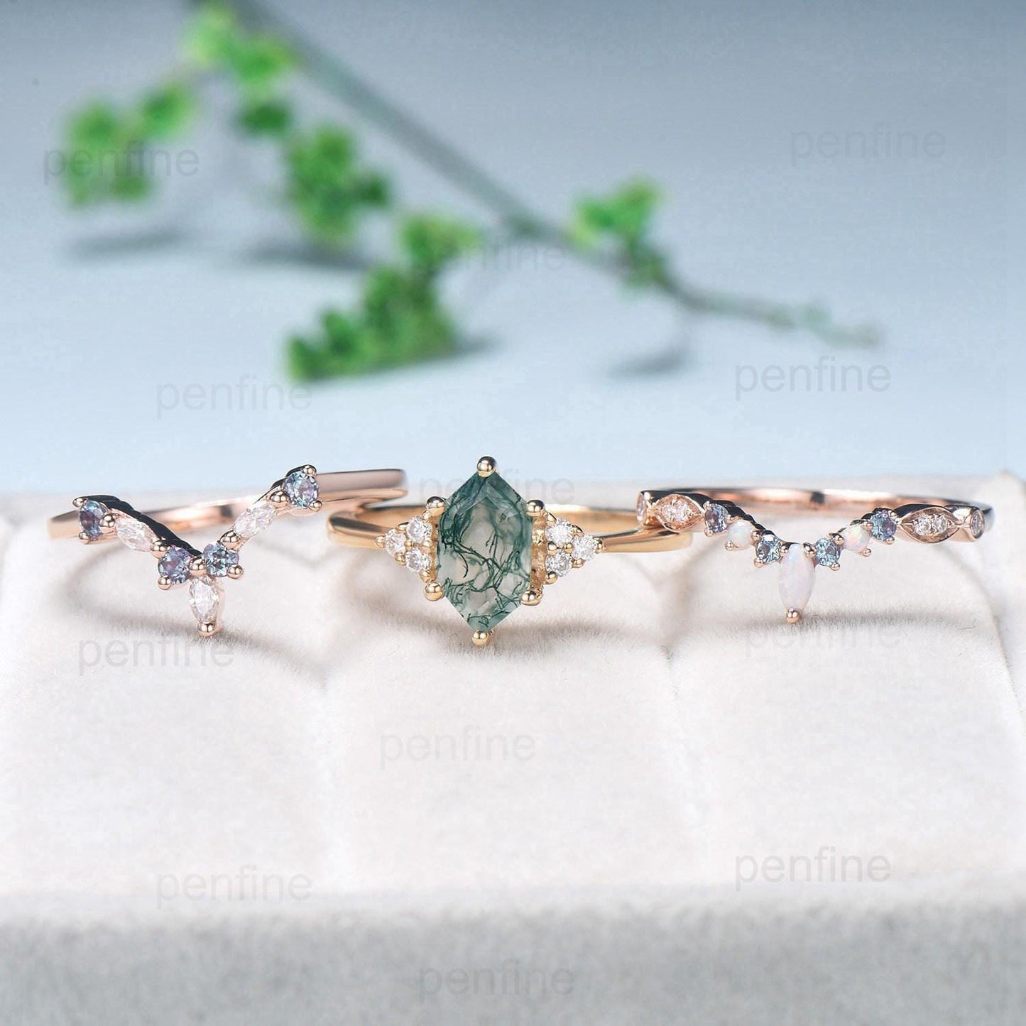 Vintage Long Hexagon Natural Green Moss Agate Engagement Ring Set Unique 14k Rose Gold Cluster Moissanite Wedding Ring Set Ring for Women - PENFINE