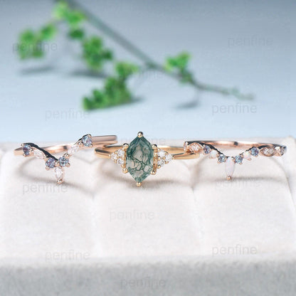 Vintage Long Hexagon Natural Green Moss Agate Engagement Ring Set Unique 14k Rose Gold Cluster Moissanite Wedding Ring Set Ring for Women - PENFINE