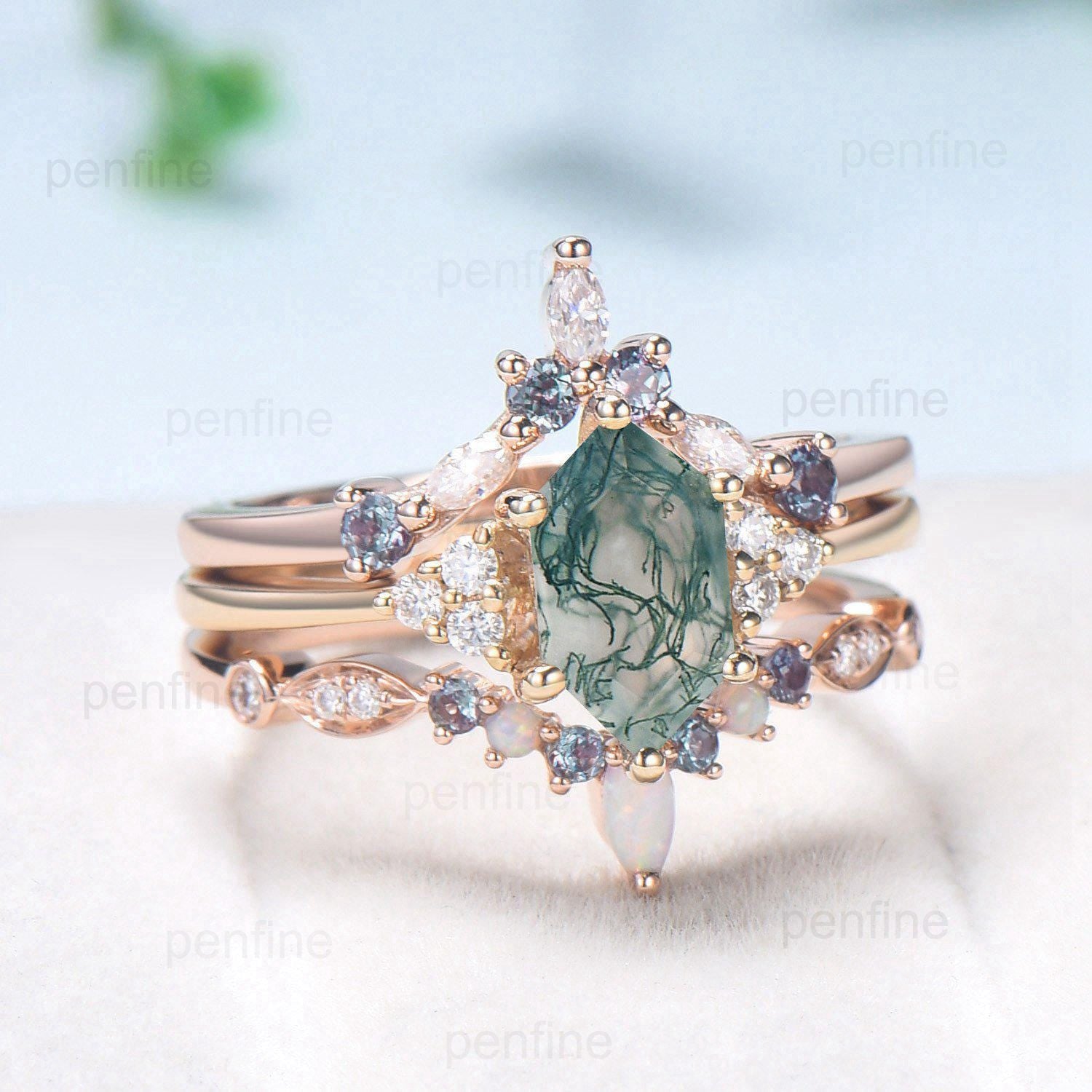 Vintage Long Hexagon Natural Green Moss Agate Engagement Ring Set Unique 14k Rose Gold Cluster Moissanite Wedding Ring Set Ring for Women - PENFINE