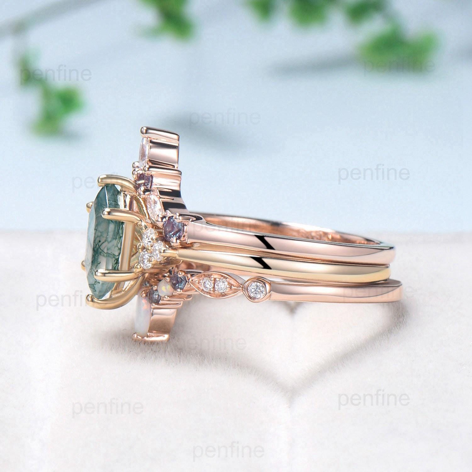 Vintage Long Hexagon Natural Green Moss Agate Engagement Ring Set Unique 14k Rose Gold Cluster Moissanite Wedding Ring Set Ring for Women - PENFINE