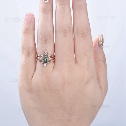 Vintage Long Hexagon Natural Green Moss Agate Engagement Ring Set Unique 14k Rose Gold Cluster Moissanite Wedding Ring Set Ring for Women - PENFINE