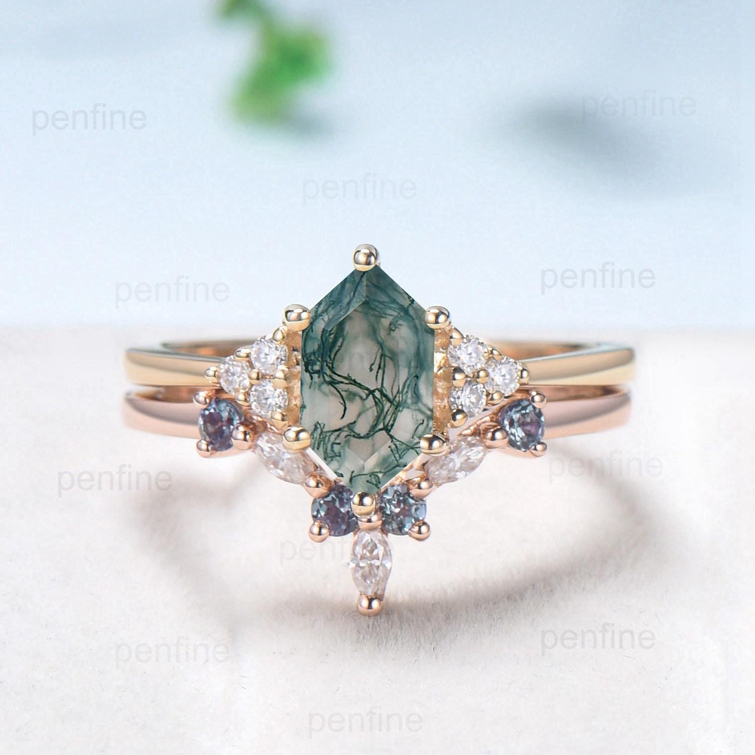 Vintage Long Hexagon Natural Green Moss Agate Engagement Ring Set Unique 14k Rose Gold Cluster Moissanite Wedding Ring Set Ring for Women - PENFINE