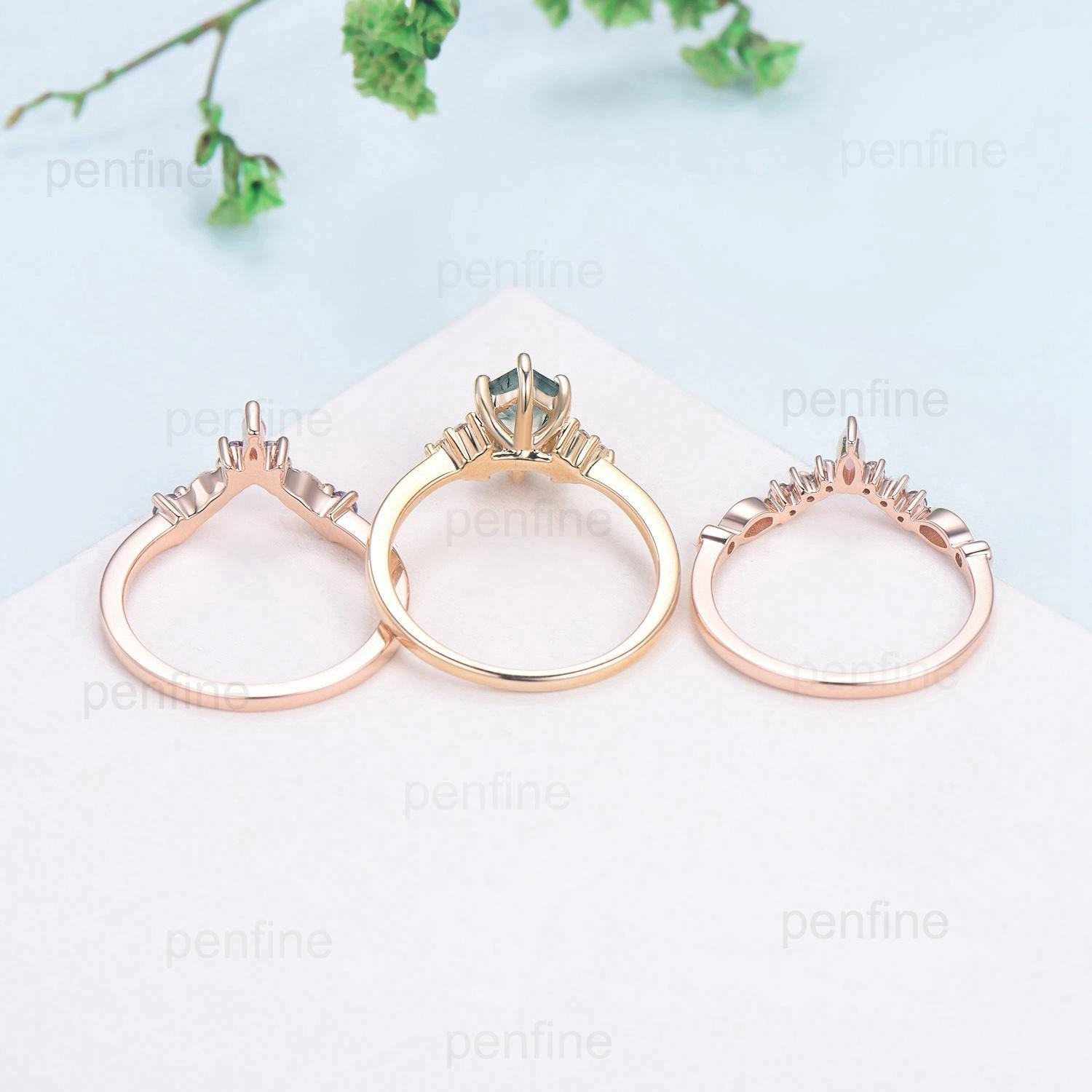 Vintage Long Hexagon Natural Green Moss Agate Engagement Ring Set Unique 14k Rose Gold Cluster Moissanite Wedding Ring Set Ring for Women - PENFINE