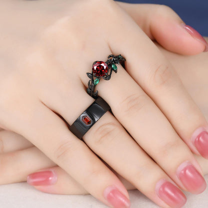 Gothic Red Garnet Engagement Ring Set: Black Gold Leaf Band