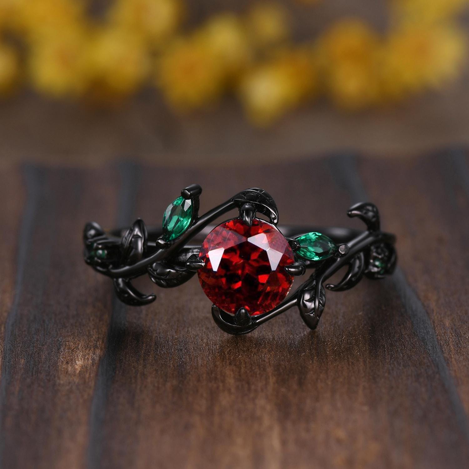 Gothic Red Garnet Engagement Ring Set: Black Gold Leaf Band