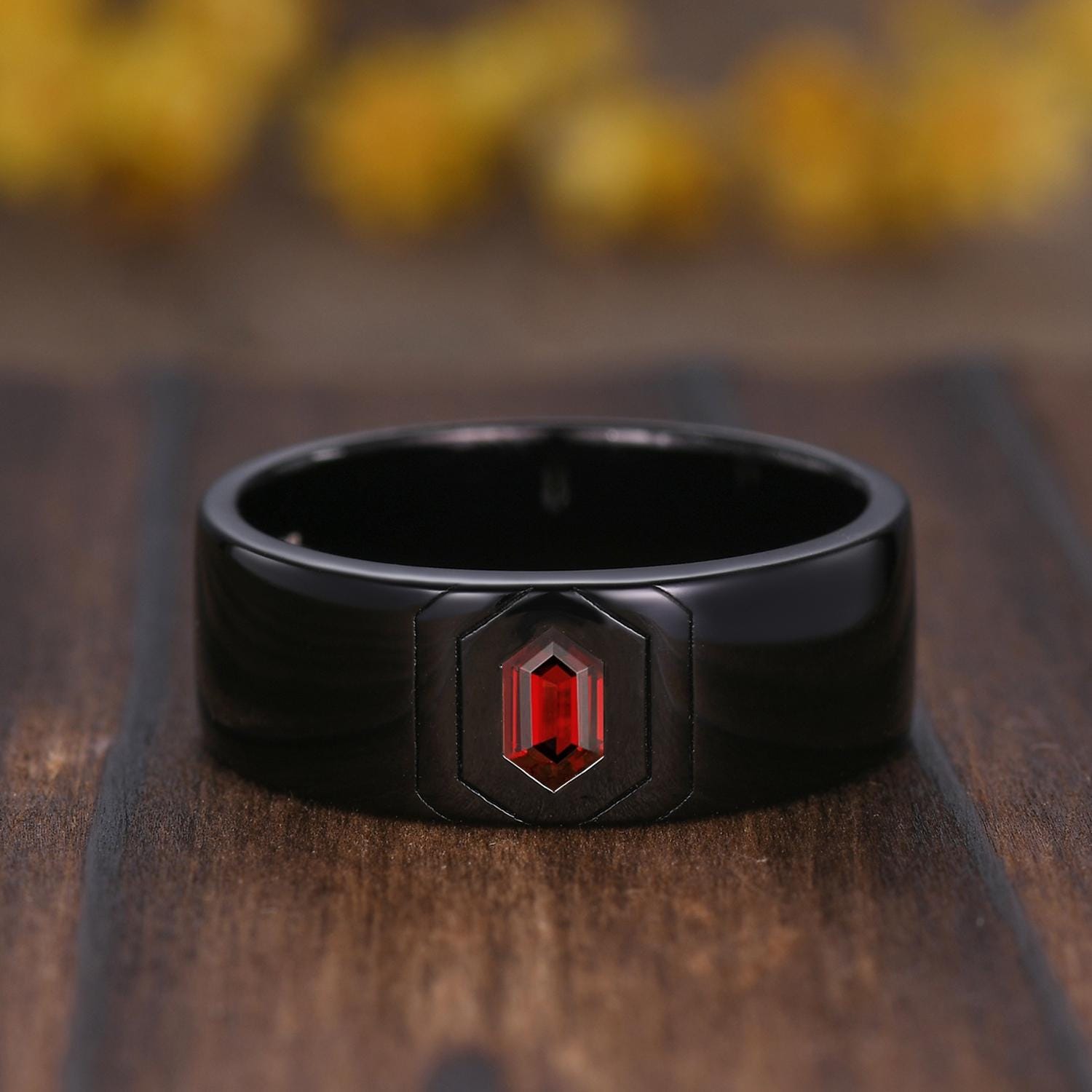 Gothic Red Garnet Engagement Ring Set: Black Gold Leaf Band