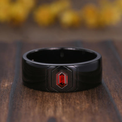 Gothic Red Garnet Engagement Ring Set: Black Gold Leaf Band