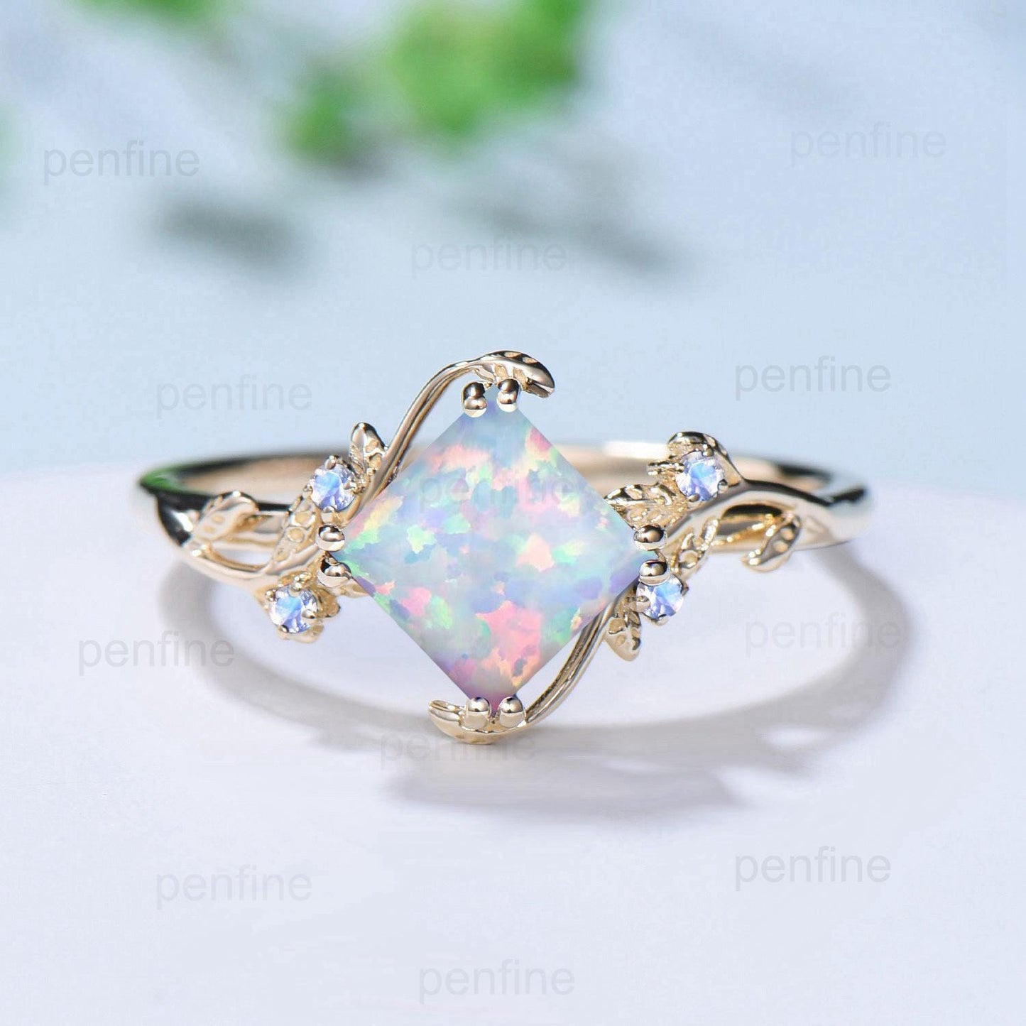 Twig Princess Cut Opal Engagement Ring Vintage White Opal Leaf Ring Nature Inspired  Bridal Ring Branch Cluster emerald Wedding Ring Women - PENFINE