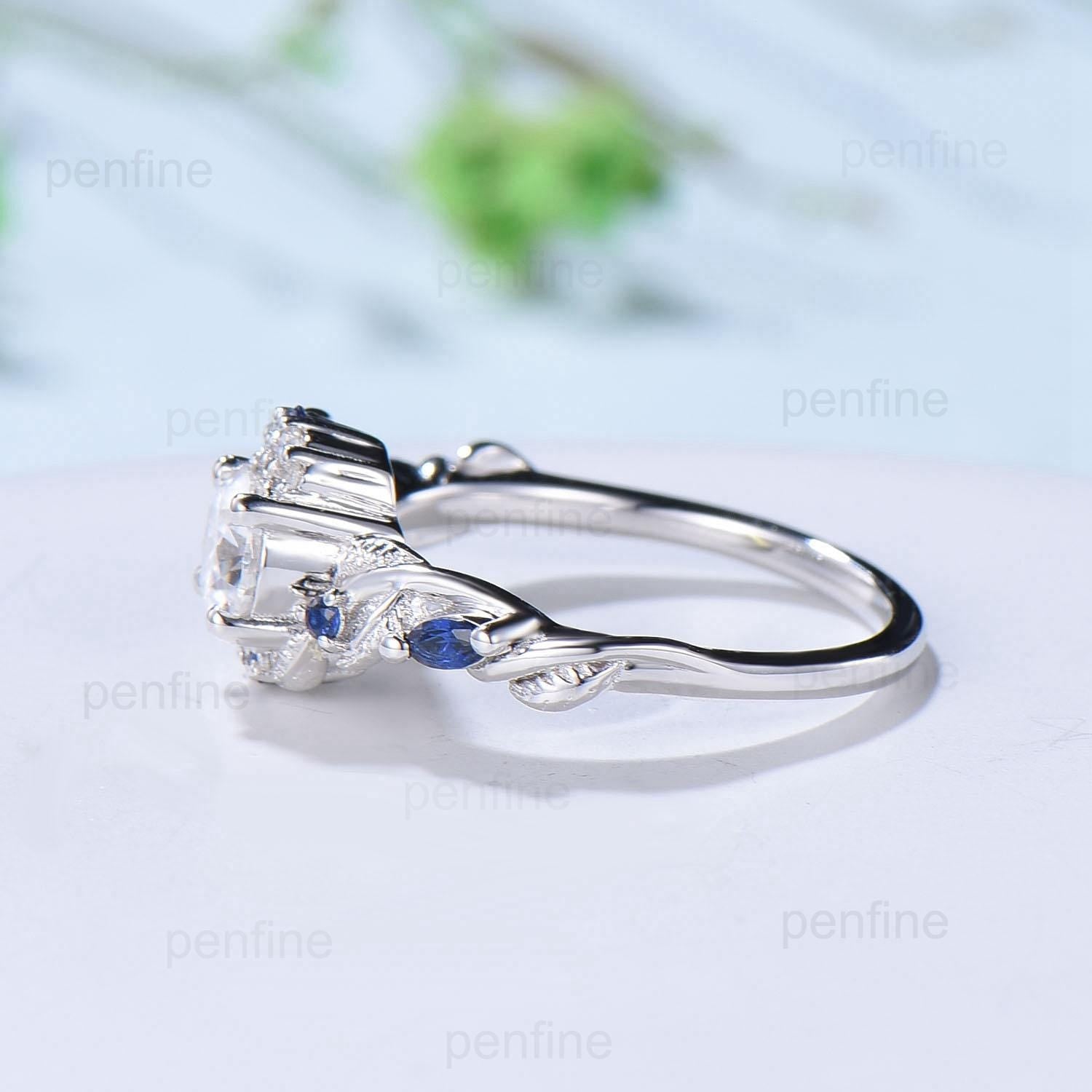 5mm Round White Opal Sapphire Engagement Ring Moon Style Cluster Moissanite Wedding Ring Women Nature Inspired Band October Birthstone Gift - PENFINE